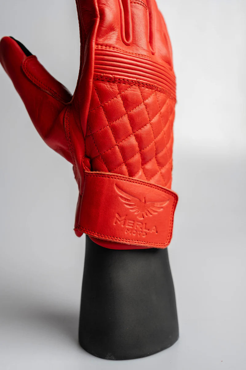 Cafe Quilted Leather Motorcycle Gloves - Red