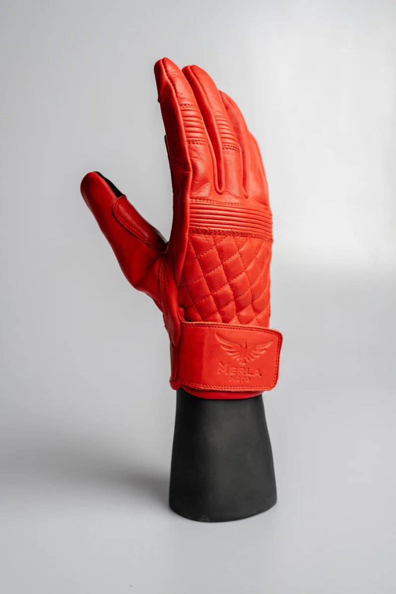 Cafe Quilted Leather Motorcycle Gloves - Red