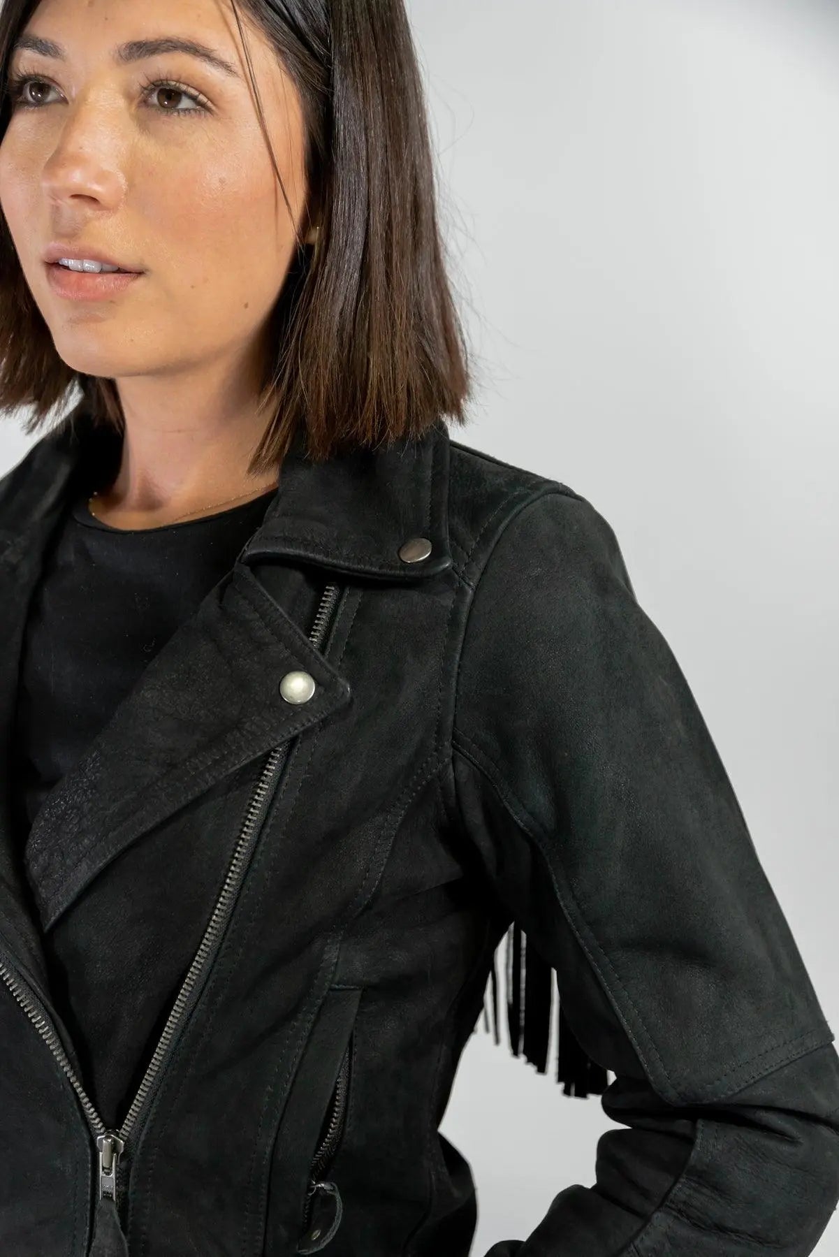 Festival Fringed Black Nubuck Leather Motorcycle Jacket Merla Moto